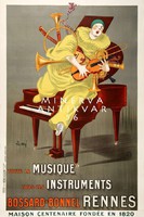 Vintage hangszer reklám hirdetés plakát reprint nyomat francia zongora hegedű kürt bohóc mandolin