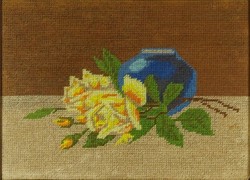 1D987 Asztali virágcsendélet kék vázával keretezett gobelin 32 x 42 cm