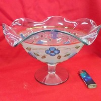 Old stemmed blue glass table center with ruffled edges, offering 25 x 18 cm