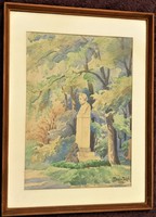 Tibai Takács J. (1876 - 1943) Arany János szobra a Margit szigeten c festménye EREDETI GARANCIÁVAL