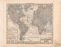 Atlanti - óceán térkép 1871, eredeti, német nyelvű, E. von Sydow, iskolai atlasz, áramlat