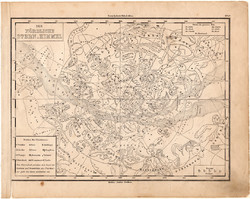 Északi csillagos ég térkép 1871, eredeti, német nyelvű, E. von Sydow, iskolai atlasz, csillag, Tejút