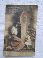 Antik kézzel színezett fotólap/képeslap ima, kislány, anyuka I. világháborús darab