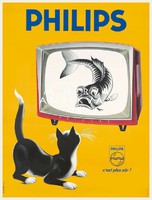 Vintage televízió reklám hirdetés plakát reprint nyomat tv készülék fekete macska cica harcsa hal