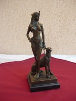Egyiptomi királynő Párduccal,Eredeti Francia pecsétes bronzszobor, 26 cm!