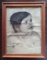 Signed (kopeczny) graphite or carbon drawing with glazed frame, graphics 33x42 cm