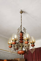 Hatágú csillár 90x70cm réz fabetét üvegbúrával hatkarú 6 fém üveg lámpa