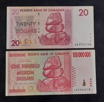 Zimbabwe 20 Dollár 2007 Vf és 100 millió Dollár 2008 Vf.