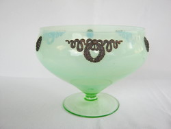 Green glass serving bowl with base in a circle with applied decoration