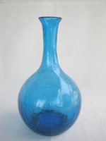 Retro karcagi fátyolüveg repesztett üveg kék váza