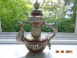 Antik kézzel készült Tibeti rátétes sárkányos vörös réz és ezüst kiöntő