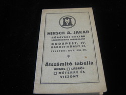 Bőrgyári átszámító  tabella a 1920 as évekből   8 x 14  cm