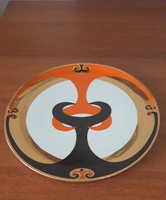 Hollóházi Szász Stúdió ritka kísérleti darab falitányér – arany/narancs/fekete – 31 cm