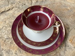 Porcelán reggeliző készlet aranyozott bordó illatgyertya egyedi ajándék