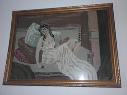 Antik gobelin kép * kanapén ülő hölgy 57,5x43 cm