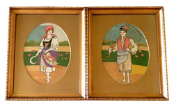 2 db régi retró tű gobelin tűgobelin fali kép falikép falusi pár fiú lány szép régi keretben