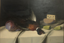 Eredeti Murin Vilmos fácános asztali csendélet, vadászcsendélet olaj-fa 75 x 94 cm blondel keretben