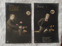 2 db antik, német kézzel színezett romantikus fotólap/képeslap, magyar vers, úr rózsákkal