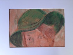 Gádori: A zöld kalap, portré részlet, papír, pasztell 2014. Keret nélkül.