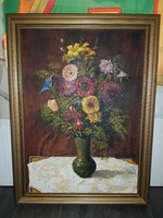 Szabó Lajos (1927-1995), Munkácsy-díjas festőművész,  "Virágok piros masnival", 50x70+keret
