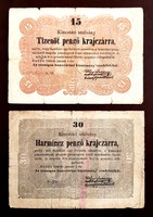 15 Pengő krajczárra és 30 Pengő krajczárra 1849 Kossuth bankó 2db