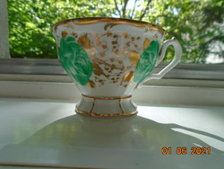 19th century flawless TK THUN footed cup, hand-painted green rose and gold leaf floral pattern
