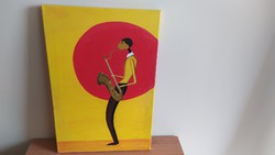 Szignózott zenész festmény makk, mogyoró, hangya, tücsök 59x40 cm