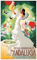 Vintage utazási plakát reprint Andalúzia Spanyolország flamenco táncosnő fehér ruha fecske madarak