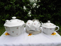 Drasche porcelán, virágos teáskészlet: teáskanna, cukortartó, csésze alátéttel