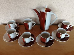 Retro Hollóházi fehér-barna-arany 6 személyes kávés / mokkás készlet cukortartó nélkül
