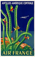 Vintage utazási plakát reprint Antillák kaktusz kolibri papagáj színes tengerpart ég repülő madarak