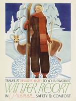 Art deco utazási reklám plakát reprint nyomat 1936 téli tájkép síléc nő síruha divat sál őz fenyő