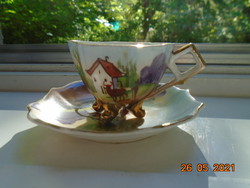 Altwien porcelánba benyomott méhkas jellel Panoramikus tájképpel 4 lábacskás kávés csésze alátéttel