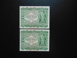 2 darab 100 korona 1922 Sorszámkövető Hajtatlan bankjegyek