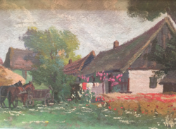 Village courtyard oil painting in cardboard at the beginning of the last century, without sign? László Neogrády ???