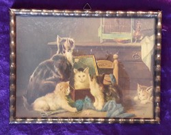 Antik cicás olajnyomat, macskás kép