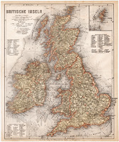 Brit - szigetek térkép 1871, német nyelvű, eredeti, Nagy - Britannia, Írország, Anglia, 23 x 28 cm