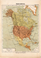 Észak - Amerika térkép 1885, Magyar Lexikon, Rautmann Frigyes, Közép - Amerika, Alaszka, Mexikó