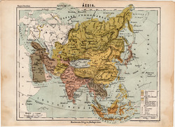 Ázsia térkép 1885, Magyar Lexikon, Rautmann Frigyes, Arábia, Hindustan, Mongol föld, Tibet, Siam