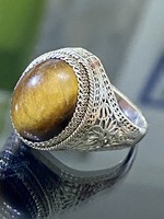 Lenyűgöző antik ezüst gyűrű nagy tigrisszem kővel