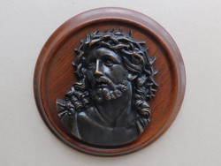 Nagyon szép bronz Jézus Krisztus fej relief kerek fa kereten, falra akasztható
