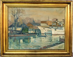 Halász Szabó Sándor (1920 - 1996) Hajók a kikötőben c. olajfestménye 96x76cm EREDETI GARANCIÁVAL