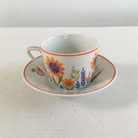 Régi, retro Hollóházi porcelán, színes virágos, virágmintás 1db mokkás, kávéscsésze +  csészealj