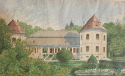 Aubin Károly akvarell 1938 (22x36 cm) épület, villa, kúria, park, derűs táj