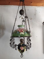 Gyönyörű nagy antik majolika lüszter lámpa mennyezeti petróleumlámpa festett búrával