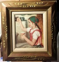 Rózsa Károly - Buborék készítő lányka - mesés olajfestmény, mesés keretben
