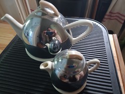 Art Deco stílusú, angol fajansz teás kanna es tej kiöntő thermo fém palástos kasztnival
