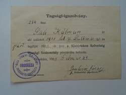 G2021.98 Tagsági Igazolvány  Kisbirtokosok Szövetsége  OROSHÁZA  1928  Süle Kálmán