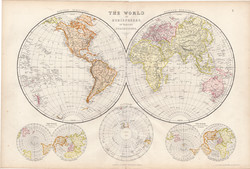 Világtérkép 1882, eredeti, Blackie, atlasz, keleti, nyugati, félteke, térkép, Hemisphere, Európa