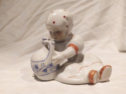 Zsolnay Korsós kislány festett porcelán figura nipp